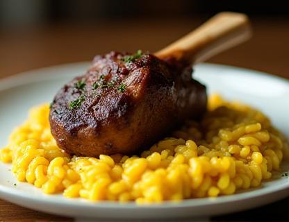 Slow-cooked Osso Buco dish served with creamy saffron risotto